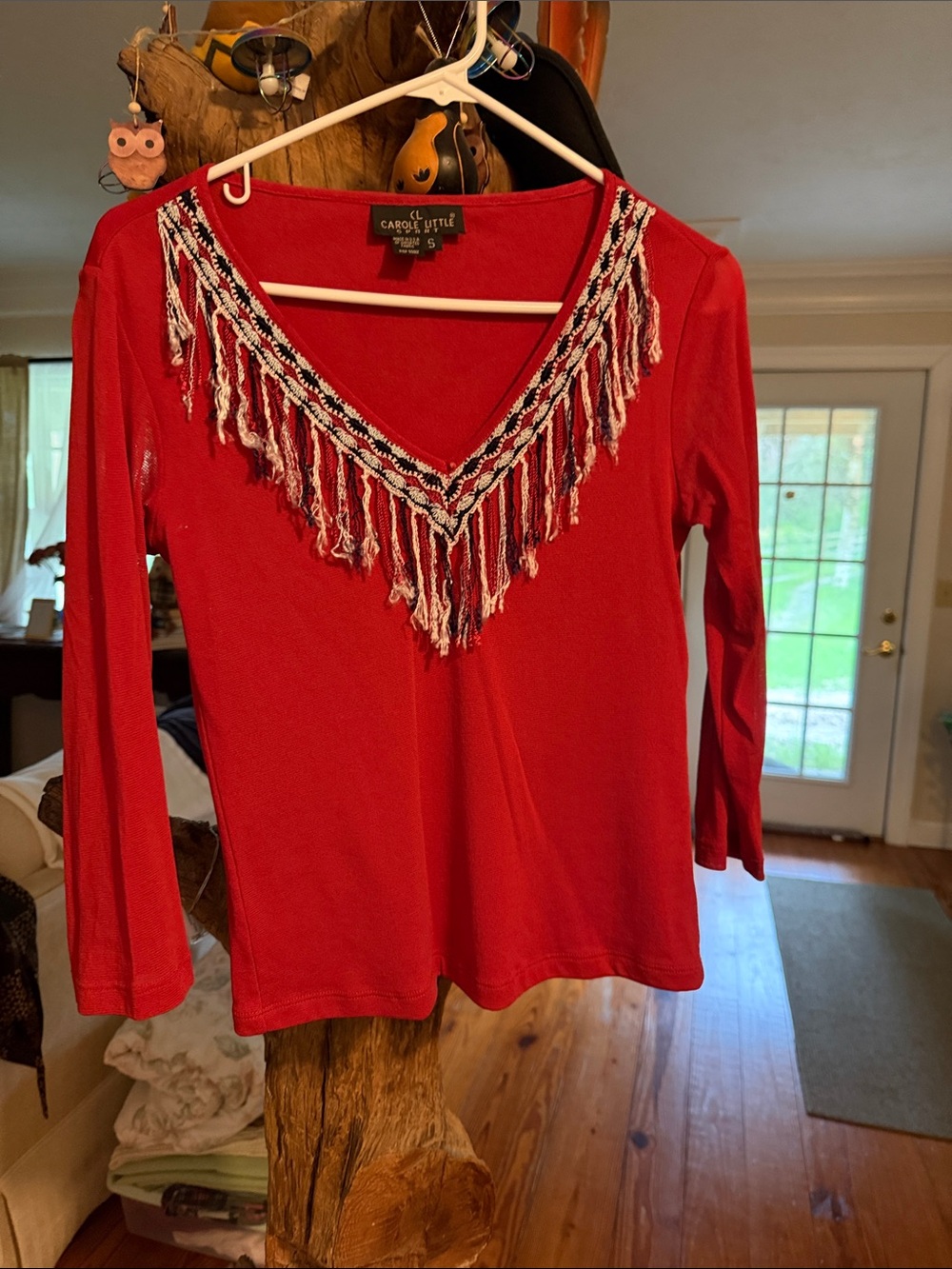 Carole Little Red Long-Sleeve V-Neck Top with Fringe Trim